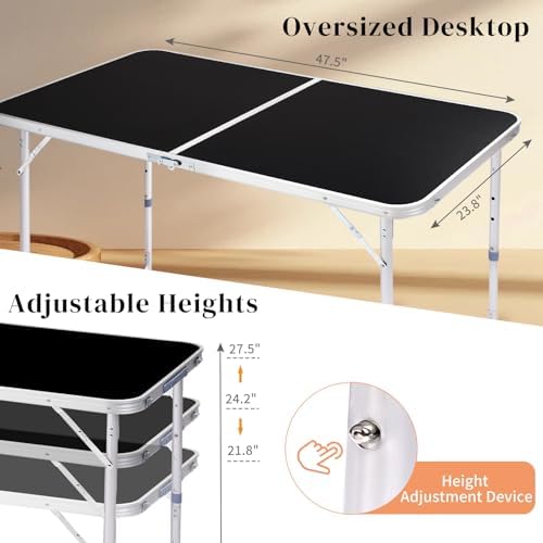 Aluminum Folding Camping Table,3 Adjustable Heights Lightweight (Black, 4FT - Image 4