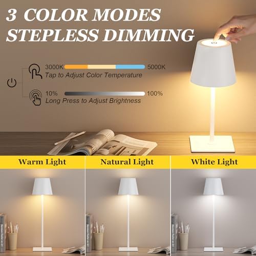 Kakanuo White Gold Cordless Rechargeable Table Lamp 5000mAh Battery Operated Lamps, 3 Colors Stepless Dimming Touch Lamp for Living Room, Kitchen Counter, Dining, Outdoor Patio, 2 Pack - Image 2