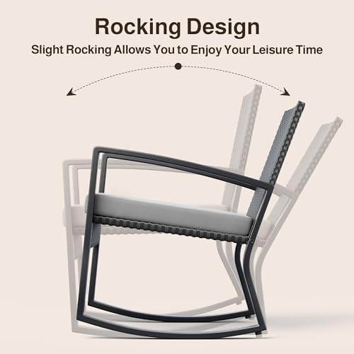 Ahomly 4 Piece Outdoor Patio Furniture Set, Wicker Patio Furniture with Glass Coffee Table, Rocking Wicker Bistro Set, for Backyard, Poolside, Porch (Grey) - Image 6