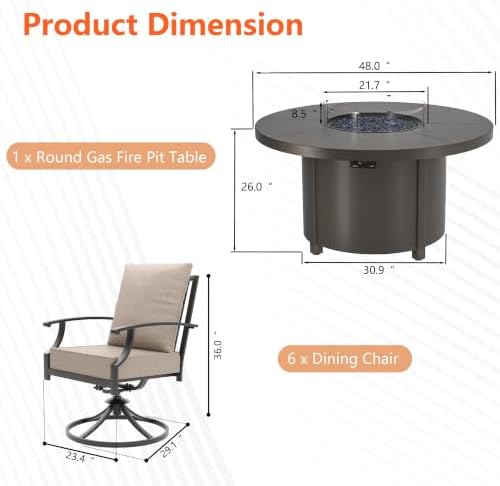 7 Pieces Outdoor Patio Furniture Set with 48" 55000 BTU Round Propane Fire Pit Table,Patio Dining Set Outdoor Conversation Sets 6 Swivel Chairs for Deck,Backyard and Garden,Brown - Image 7