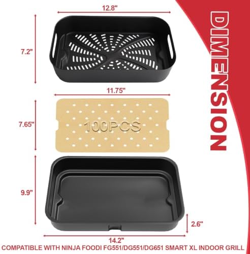Cooking Pot and Combo Crisper Basket for Ninja Foodi FG551 DG551 DG651 Smart XL 6-in-1 Indoor Grill, Non Stick Air Frying Basket & Griddle Pan with 100 Pack Air Fryer Liners - Image 2