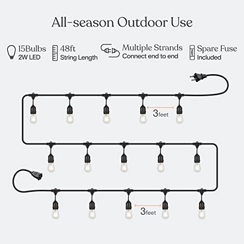 Brightech Ambience Pro LED Outdoor String Lights - Commercial Grade Waterproof Patio Lights with 48 Ft Dimmable Edison Bulbs, Porch String Lights for Patio, Backyard - 15 Bulbs 2W Soft White - Image 3