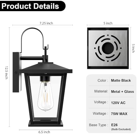 Kalium Outdoor Light Fixtures Wall Mount, Waterproof Exterior Wall Lanterns with Glass, Matte Black, Outside Wall Sconces, Front Porch Lighting for House Garage Doorway Patio 12.5 in - Image 4