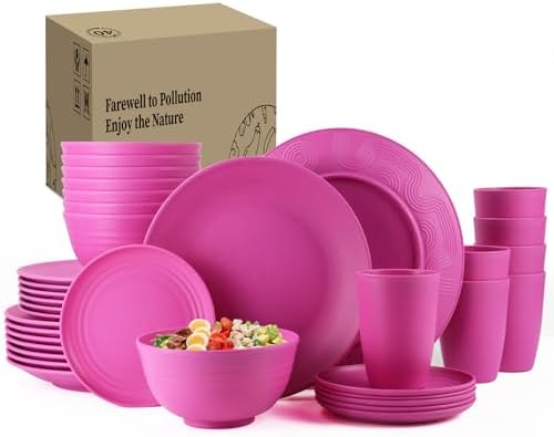40-Piece Kitchen Plastic Wheat Straw Dinnerware Set, Dish Set for 8, Dinner Plates, Dessert Plate, Cereal Bowls, Cups, Appetizer Plates,Unbreakable Plastic Outdoor Camping Dishes,Pink by HOMIENLY