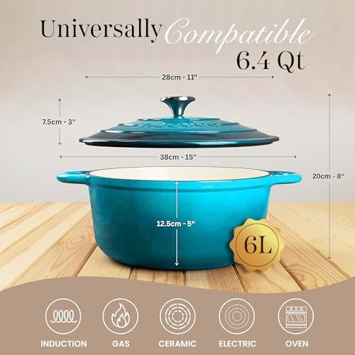 Nuovva Enamelled Cast Iron Dutch Oven Pot with Lid 6.4 Quart Non Stick Casserole Pot-Heavy Duty & Oven Safe up to 500° F for Bread Baking, Braising, Stews, Roasting - 28cm Light Blue - Image 2