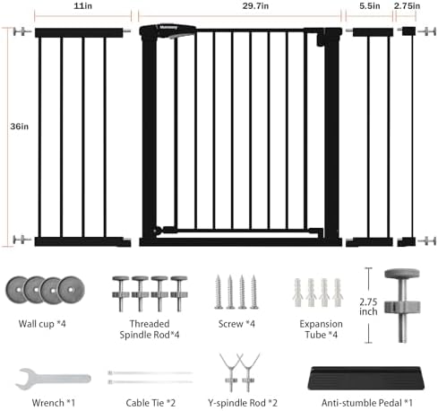 Mumeasy 36" Extra Tall Baby Gate for Stairs, 29.7-51" Wide Dog Gates Indoor for Doorways with Easy Walk Thru, Auto Close Pet Safety Gate for House, Pressure Mounted Metal Child Gate with Door, Black - Image 2