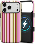 for iPhone 17 Pro Case, Magnetic Matte Frosted Dual-Layer Striped Phone Case for Women, Retro Aesthetic Cover Compatible with MagSafe Accessories - Berry Sage Ribbon by YKCZL