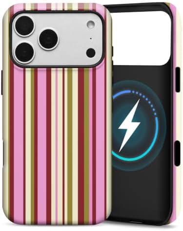 for iPhone 17 Pro Max Case, Magnetic Matte Frosted Dual-Layer Striped Phone Case for Women, Retro Aesthetic Cover Compatible with MagSafe Accessories - Berry Sage Ribbon by YKCZL
