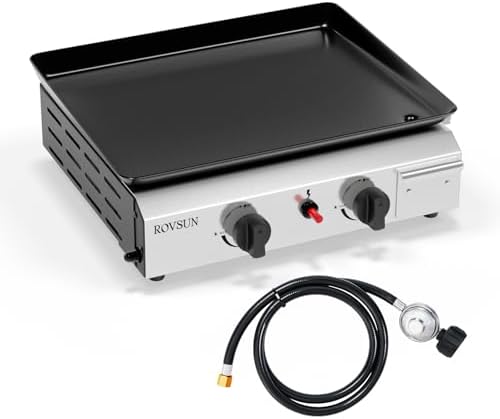 ROVSUN 2 Burner Portable Propane Griddle with Electronic Ignition & Regulator, 20,000 BTU Tabletop Flat Top Gas Grill with Nonstick Enameled Tray for Outdoor Cooking Camping BBQ Tailgating Picnicking by ROVSUN
