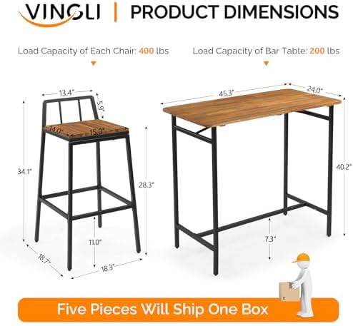 VINGLI 5 Pieces Outdoor Dining Set, Acacia Wood Outdoor Bar Table and Chairs Set for Porch Poolside Backyard Garden Balcony - Image 7
