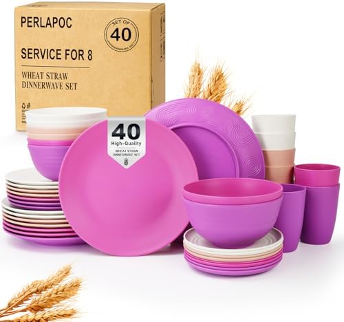 Wheat Straw Dinnerware Sets 40 PCS Bowl and Plate Sets With Cup Dishes Set for 8 Unbreakable Dish Sets Microwave Safe Plates Dinner Bowls Drinking Glasses With 4 Color - Flower Color by Perlapoc