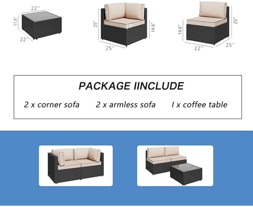 Shintenchi 5 Piece Outdoor Patio Furniture Set with Black PE Rattan, Khaki - Image 6