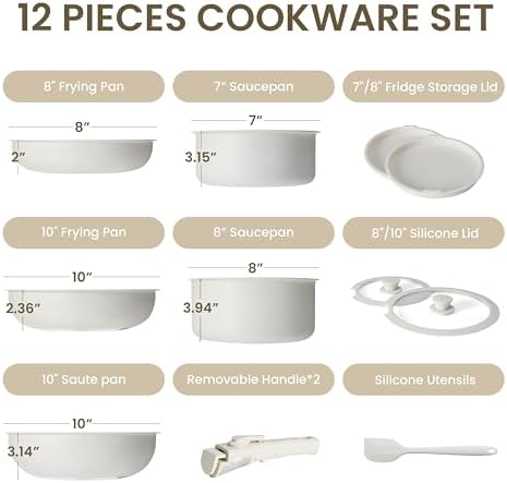 Simple Deluxe 12 Pcs Cookware Set, Non-Stick Pots and Pans Set, with Black Granite Texture and Detachable Handles, Resistant to High Temperatures, Oven Safe, PFAS and PFOA Free, Beige - Image 4