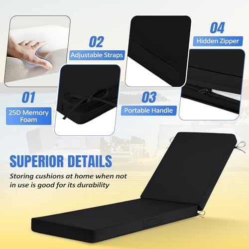 Basic Beyond Chaise Lounge Cushions Outdoor, 3-Layer Waterproof Outdoor Furniture Cushions with Removable Cover and 4 Ties, 72"x21"x3" Patio Lounge Chair Cushions for Outdoor Furniture, Black - Image 3