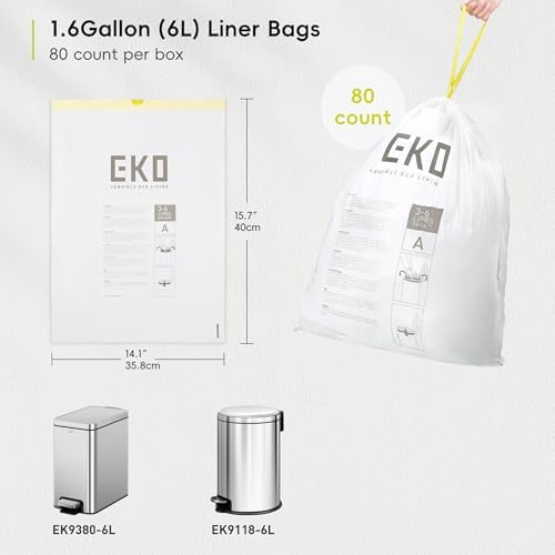 EKO 1.6 Gallon /3-6 Liter,Small Drawstring TrashBags,Extra-Strong Unscented Garbage Bags,Easy-Dispense Roll-Kitchen &Household Use,Resists Tears,Leaks & Punctures,Code A, White, 80 Count (Pack of 12) - Image 5
