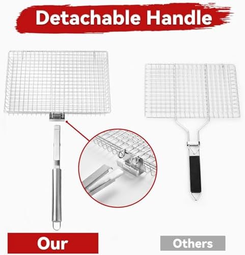 Grill Basket Extra Large,Grill Accessories for Outdoor Grill,Grilling Gifts for Men,Fish Grill Basket, Shrimp Vegetable, Veggie, Barbecue BBQ Rack, Camping Cooking, Unique Detachable Handle - Image 4