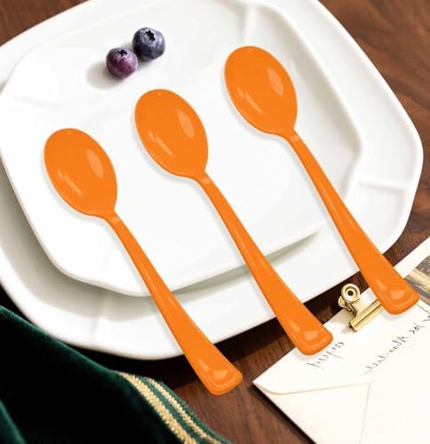 SietDESEO 25 PCS Orange Plastic Spoons Disposable Utensils Heavy Duty Orange Spoons Disposable Cutlery for Birthday Wedding Baby Shower Bridal Shower Plastic Silverware - Image 5