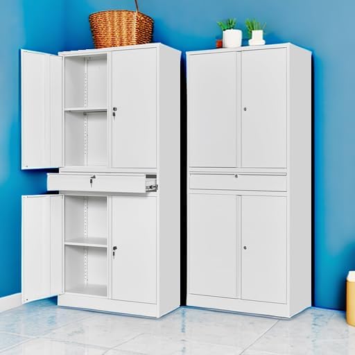 Letaya Metal Garage Storage Cabinet with Drawer,4 Door Tool Cabinet with Lock-2 Adjustable Shelves for Garage Home Office Utility Room (White) - Image 6