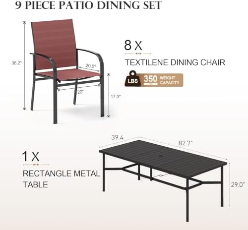 HERA'S HOUSE 9pc Outdoor Patio Dining Set for 8, Textilene Chairs, Red - Image 5