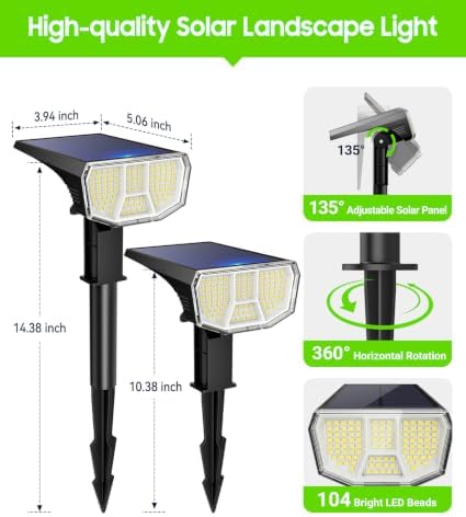 LETMY Solar Spot Lights Outdoor Waterproof IP65, 104 LEDs Outdoor Lights, 2-in-1 Auto On/Off Solar Powered Spotlights, Outdoor Solar Lights for Yard, Garden, Pathway & Wall, 4 Pack, Cool White - Image 6