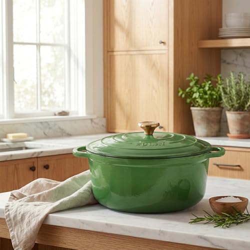 Zulay Kitchen 5 Quart Enameled Cast Iron Dutch Oven Pot with Lid – Premium Durability & Oven Safe up to 500°F – Heavy Duty Cookware Perfect for Bread Baking, Stews, Braising & Roasting – Green - Image 2