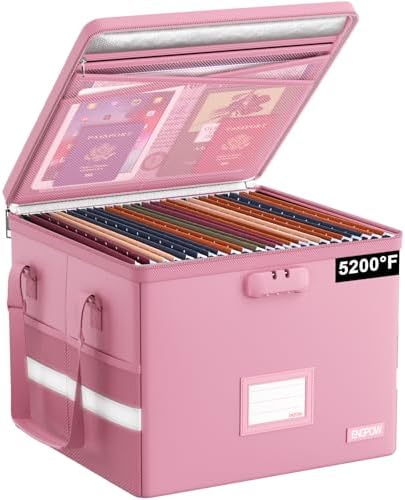 ENGPOW 5200°F File Box Fireproof Document Box with Lock,Heat Insulated Collapsible File Storage Organizer Box with Handle,Portable Home Office File Cabinet for Hanging Letter/Legal Size Folder, Pink by ENGPOW
