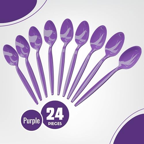 Purple Plastic Spoons (24 Pieces) - Colored Durable Disposable Flatware Packs for Halloween, Catering Events Utensils, Banquets, Occasions or Holiday, Themed Birthday Party Supplies, Blue Orchards - Image 2
