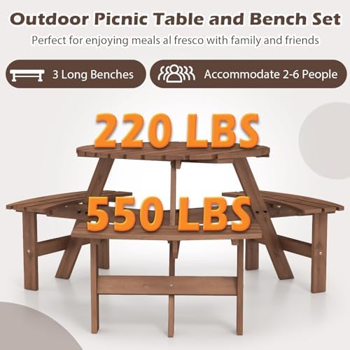 GIANTEX 6-Person Round Picnic Table Set with 3 Benches, 550 LBS Bench Capacity, 2" Umbrella Hole, Circular Outdoor Wood Dining Table & Chairs for Patio Yard Garden Porch Deck (68”x62”x28”,Brown) - Image 6