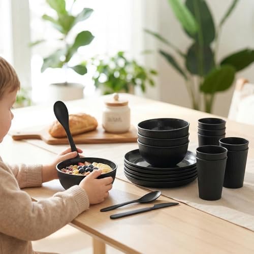 36 Pcs Wheat Straw Dinnerware Set,Dinnerware Sets for 6,Large Round Plates, Bowls and Cups, Unbreakable dish set, Dishwasher and Microwave Safe, Outdoor Camping Dishes (Black) - Image 4