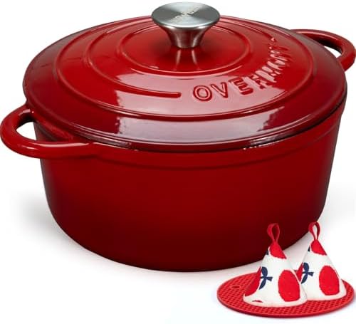 Overmont Enameled Cast Iron Dutch Oven - 4.5QT Pot with Lid Cookbook & Cotton Potholders - Heavy-Duty Cookware for Braising, Stews, Roasting, Sourdough Baking red by Overmont