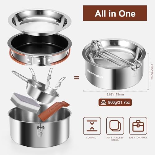 Odoland 10pcs Camping Cookware Stainless Steel Camping Pot and Pan Set with Plate Bowl Fork Knife Spoon for Backpacking, Hiking, Outdoor Cooking and Picnic - Image 4