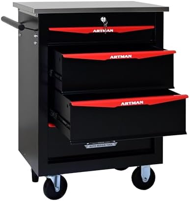 4-Drawer Heavy-Duty Rolling Steel Tool Cart with Handle&Wheels, Metal Storage Organizer Cabinet, Tool Chest for Efficient Tool Storage in Garage, Warehouse, Workshop, Repair Shop, Black&RED - Image 5