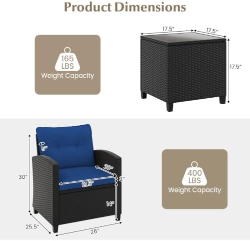 RELAX4LIFE 3-Piece Patio Furniture Set - Wicker Rattan Bistro Sofa w/Glass Top Coffee Table, Washable Cushions for Porch Balcony Backyard Poolside, Outdoor Conversation Set (Navy) - Image 3