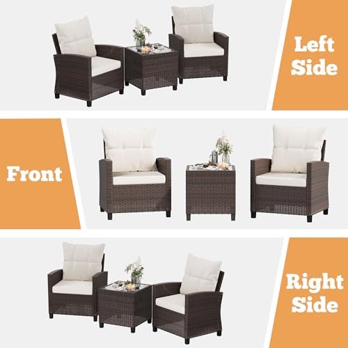 Shintenchi 3 Pieces Patio Furniture Set, PE Rattan Wicker 3 Pcs Patio Set, Outdoor Furniture Set with Two Outdoor Chairs and Table, Conversation Set for Garden, Poolside, Balcony, and Porch(Beige) - Image 4