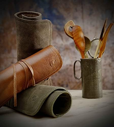 Angus Stoke Knife Bag for Chefs–knife Roll Bag leather 7 slots – Leather Knife Case Noah (green-olive) - Image 4
