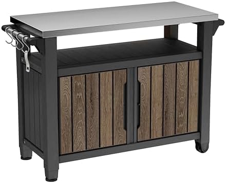 Keter Unity XL Outdoor Entertainment Cart with Wood‑Look Finish, 78‑Gallon Patio Storage Cabinet, Food Prep Station, Stainless‑Steel Top for BBQ, Grill, Patio, Deck & Backyard, Walnut by Unknown