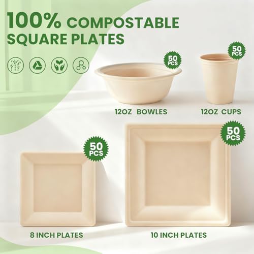 Havawish 200 Pcs Compostable Paper Plates and Bowls Set for 50 Guests, 10in & 8in Heavy Duty Sugarcane Disposable Plates 12 oz Biodegradable Cups and Paper Bowls, Party Camping Picnic(Beige) - Image 3