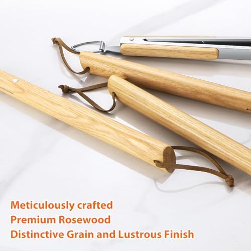5 pcs Heavy-Duty Wooden BBQ Grilling Tools Set, Extra Thick Stainless Steel Multi-Functional Spatula, Fork, Tong, Oiling Brush & Cleaning Brush - an Excellent Barbecue Gift for Men - Image 5
