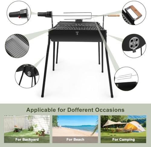 Portable Charcoal Grill with Thermometer - Barrel Charcoal Grills with Central Rotisserie Rack Double-sided Smoker Grill Outdoor BBQ Grill, Perfect for Backyard Camping, Patio Parties and Picnics - Image 3