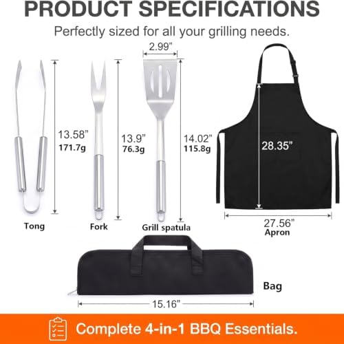 Grill Utensils Set, Grill Tools for Outdoor Grill, Spatula Fork Tong BBQ Grill Accessories with Apron, Stainless Steel Barbecue Grilling Kit for Camping Cooking - Image 2