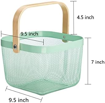 Mesh Steel Storage Organizer Basket Fruit Basket Bin with Wood Handle Ideal for Kitchen Bathroom Picnic Baskets Pantry Cabinets Storage Home Decor (Nebula Green) - Image 3