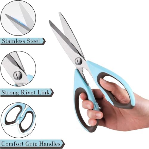 2 Pack Heavy Duty Scissors Kitchen Shears with Magnetic Holder,Dishwasher Safe Stainless Steel Meat Cooking Shears,Multifunctional All Purpose Sharp Scissors Set for Food, (Dark green and light blue) - Image 3