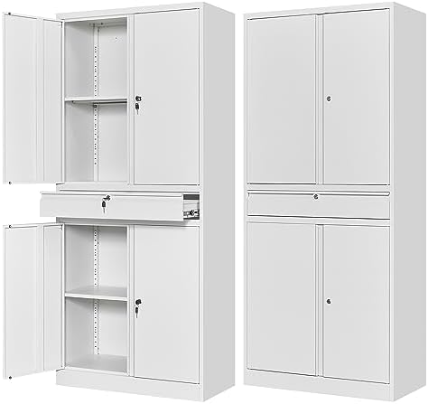 Letaya Metal Garage Storage Cabinet with Drawer,4 Door Tool Cabinet with Lock-2 Adjustable Shelves for Garage Home Office Utility Room (White) by LetayaMetalCabinets