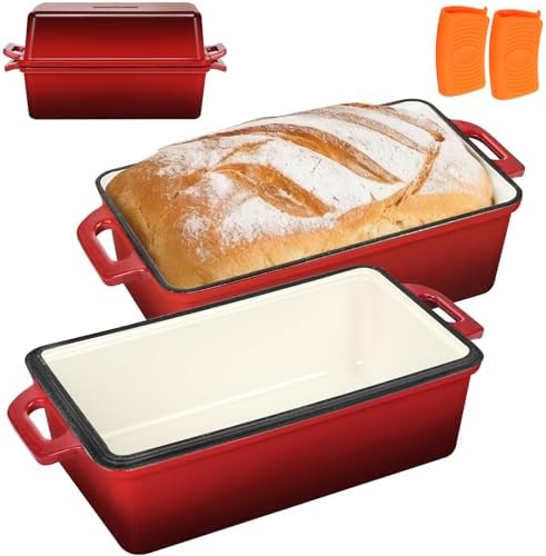 Wildone 2 in 1 Enameled Cast Iron Bread Pan with Lid, 9x5 Loaf Pans for Homemade Sourdough Bread, Cake, Meatloaf, Even Heating Bread Dutch Oven, Red by Wildone