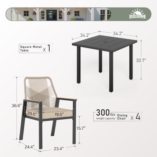 SUNSHINE VALLEY 5pc Patio Dining Set, 34.2" Square Table & 4 Rattan Chairs - Image 5