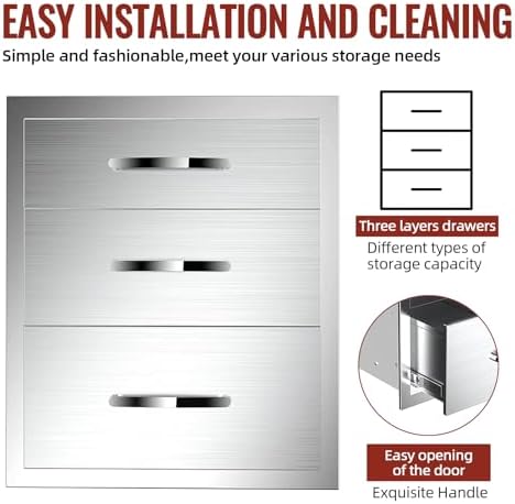 Outdoor Kitchen Drawers Stainless Steel, BBQ Drawer Inserts for Built-in Patio Grill Station, Triple Drawer, 18''W x 23''H x 23''D - Image 6
