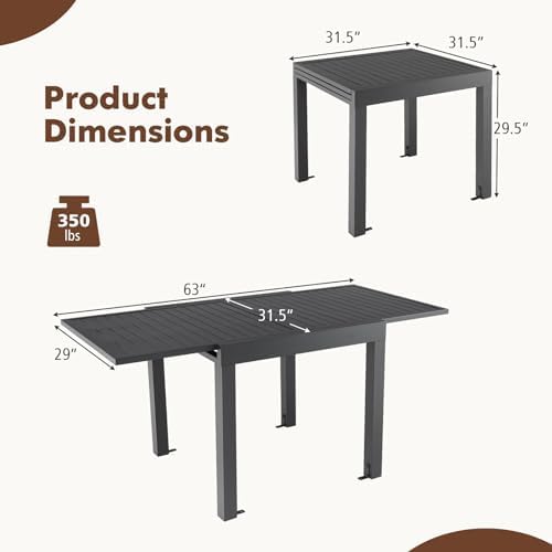 Tangkula 31.5"-63" Extendable Patio Dining Table, Aluminum Outdoor Dining Table for 4-6 People, L-Shaped Brace Included for Fixation, Space-Saving Outside Table for Garden, Porch, Poolside, Dark Grey - Image 3