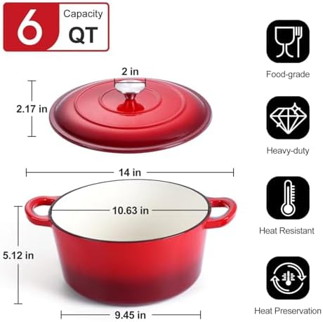 P&P CHEF 6QT Enameled Dutch Oven, Dutch Oven Pot for Bread Baking, Red - Image 2