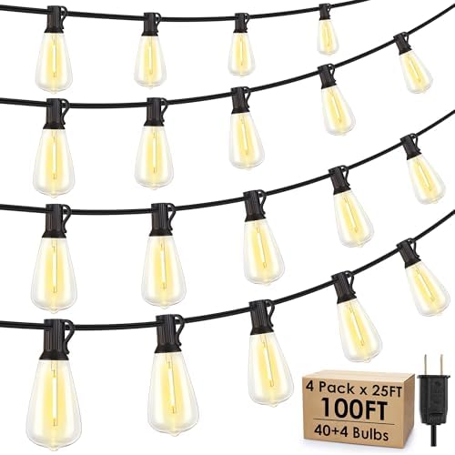 Larkvue 100FT(4x25FT) Outdoor String Lights, Patio Lights with 40+4 LED Dimmable Waterproof Linkable ST38 Edison Bulbs for Gazebo Camping Party, Black by Larkvue