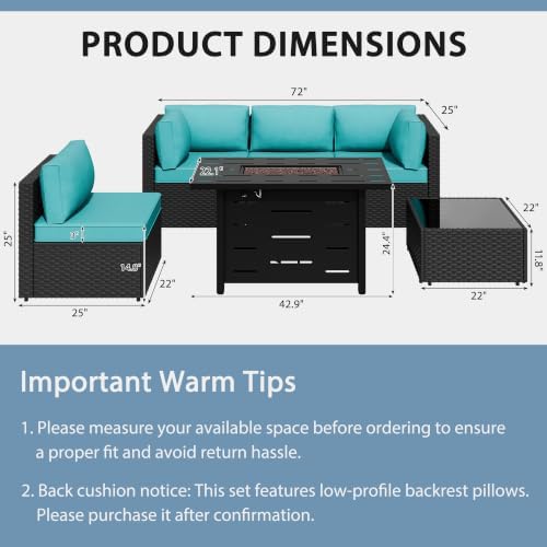 Shintenchi 6 Piece Outdoor Patio Furniture Set with 43 Inch Propane Fire Pit, Washable Cushions, Glass Coffee Table, Waterproof Cover & CSA Certified for Backyard Poolside, Black PE Rattan/Blue - Image 2